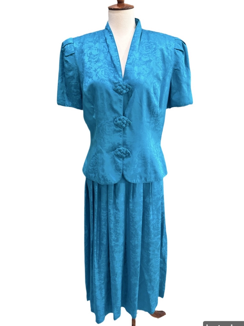 Maggie London Vintage Turquoise Floral 100% Silk Two-Piece Skirt Set S-M